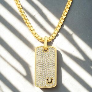 ✨ True Religion Pave CZ Dog Tag Necklace – Gold Tone Luxury ✨